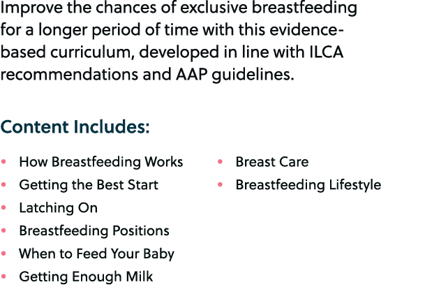 Improve the chances of exclusive breastfeeding for a longer period of time with this evidence based curriculum, devel...