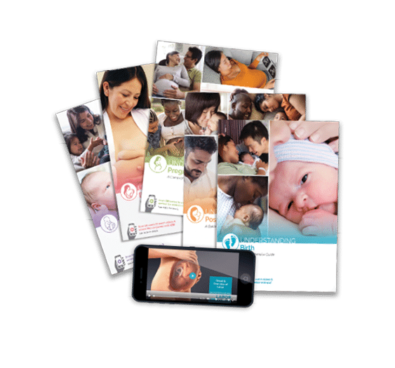 A group of InJoy's Understanding book series showing these titles spread in a fan: Understanding Birth, Understanding Postpartum Health & Baby Care, Understanding Pregnancy, Understanding Breastfeeding, and Understanding Your Newborn along with a phone showing an example screen from the web app that comes with every book.