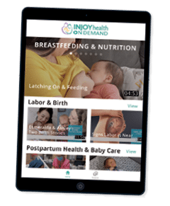 Tablet showing a screenshot mockup of the on-demand video library showing breastfeeding & nutrition, labor & birth, and postpartum health & baby care