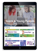 Tablet showing a screenshot mockup of the on-demand video library showing the Teens & Young Parents Visitation Library home page
