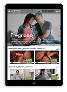 Tablet showing a screenshot mockup of the on-demand video library showing the Pregnancy Library home page