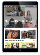 Tablet showing a screenshot mockup of the on-demand video library showing the a Natural Childbirth Library home page