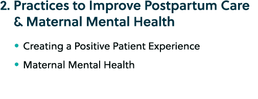 2. Practices to Improve Postpartum Care & Maternal Mental Health • Creating a Positive Patient Experience • Maternal ...
