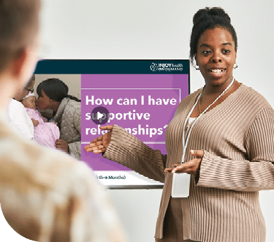 A woman is giving a presentation on a flat screen TV. AI generated content