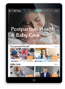 Tablet showing a screenshot mockup of the on-demand video library showing the a Natural Childbirth Library home page