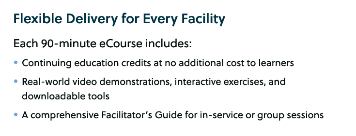 Flexible Delivery for Every Facility Each 90 minute eCourse includes: • Continuing education credits at no additional...