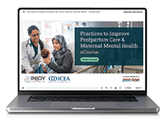 A laptop screen displaying a webpage about improving postpartum care and mental health. AI generated content