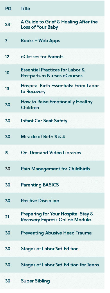 PG,Title,24,A Guide to Grief & Healing After the Loss of Your Baby,7,Books + Web Apps,12,eClasses for Parents,10,Esse...