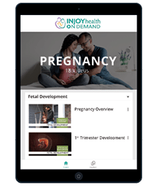 Tablet showing a screenshot mockup of the on-demand video library showing the Pregnancy Library home page