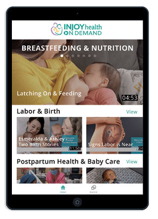 Tablet showing a screenshot mockup of the on-demand video library showing breastfeeding & nutrition, labor & birth, and postpartum health & baby care