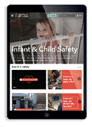 Tablet showing a screenshot mockup of the on-demand video library showing the Infant & Child Safety Library home page