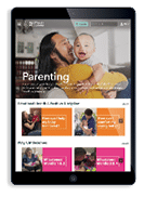 Tablet showing a screenshot mockup of the on-demand video library showing the Parenting Library home page